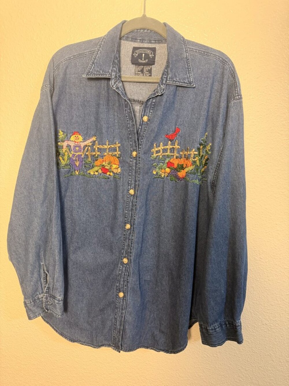 Vintage 90s Solutions Denim Shirt L Fall Harvest Scarecrow Pumpkin Embroidered